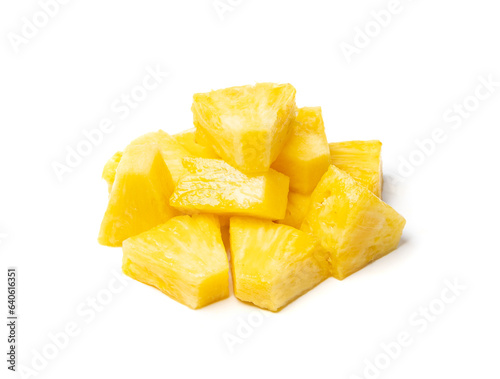 Pineapple Cuts Isolated, Raw Ananas Pieces, Comosus Tropical Fruit Chunks, Ripe Pine Apple Slices on White photo