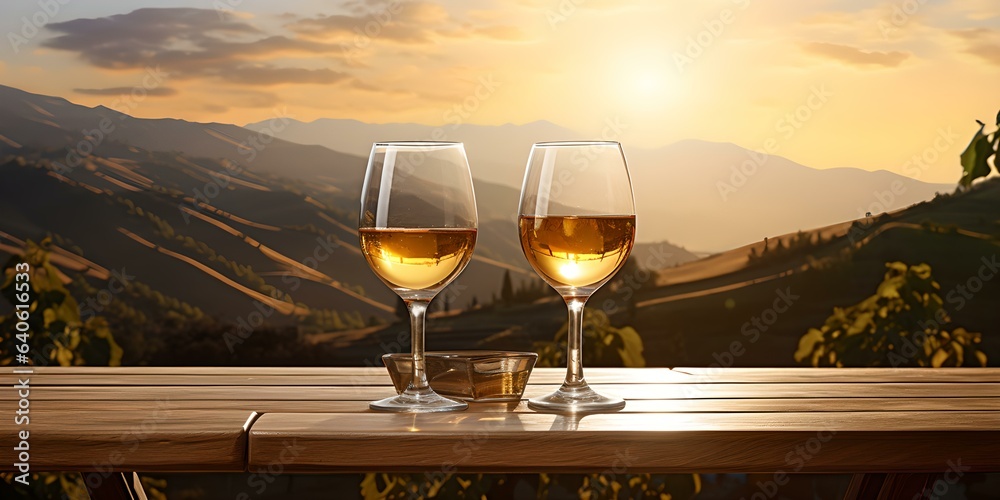 Romantischer Abend im Weinberg: Weinglas auf dem Tisch - obrazy, fototapety, plakaty 