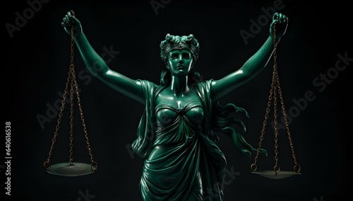 Symbole der Gerechtigkeit: Grün oxidierte Justizia mit Waage und Schalen photo