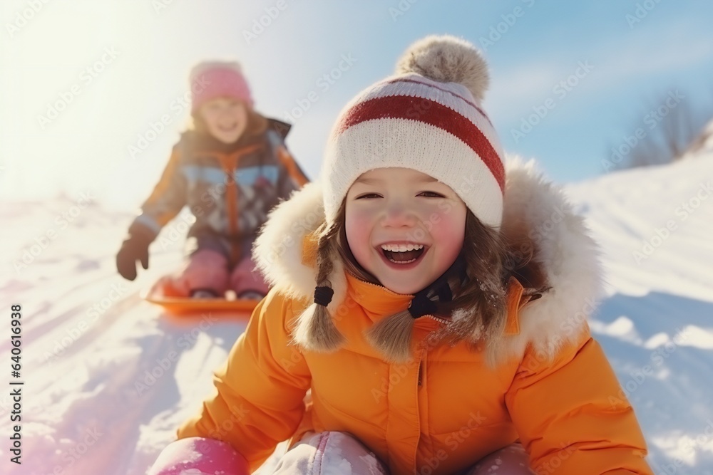 Happy little brother and cute sister enjoying sleigh ride. Smiling children sitting on the sled. Children play with bobsled outdoors in snow. Winter vacation concept.