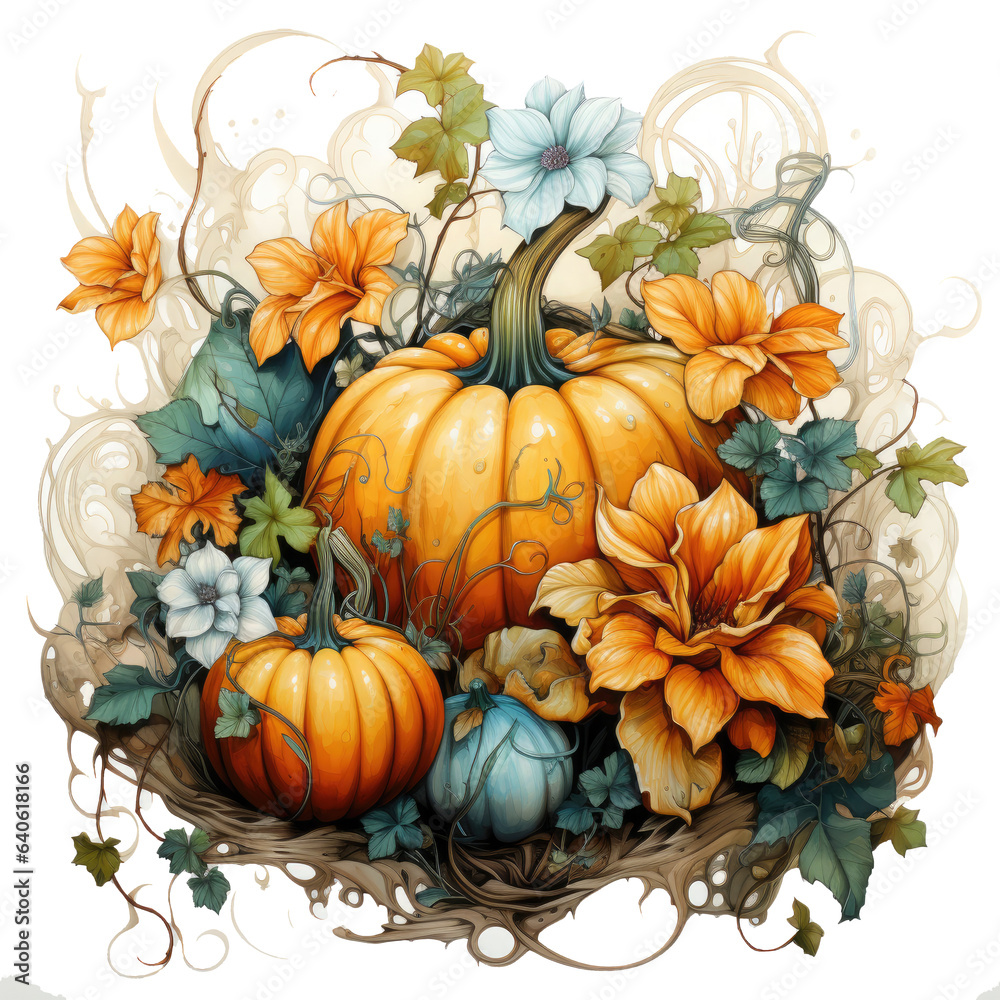 Watercolor Pumpkin Flower T-shirt Design, a mesmerizing scene of pumpkin flowers, Generative Ai