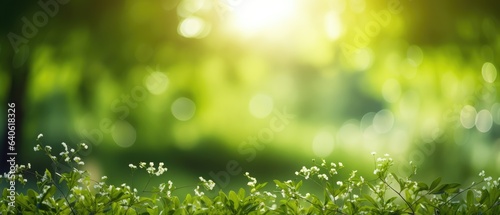 Summer Beautiful spring perfect natural landscape background, Defocused green trees in forest with wild grass and sun beams, Generative AI