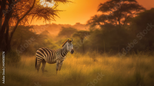 Africa sunset. Plains zebra  Equus quagga  in the grassy nature habitat with evening light in Lake Mburo NP in Uganda. Sunset in savanah. Animals with big trees.