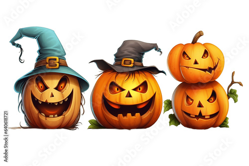 Funny Halloween Pumpkins with Hat Isolated on Transparent Background - Generative AI