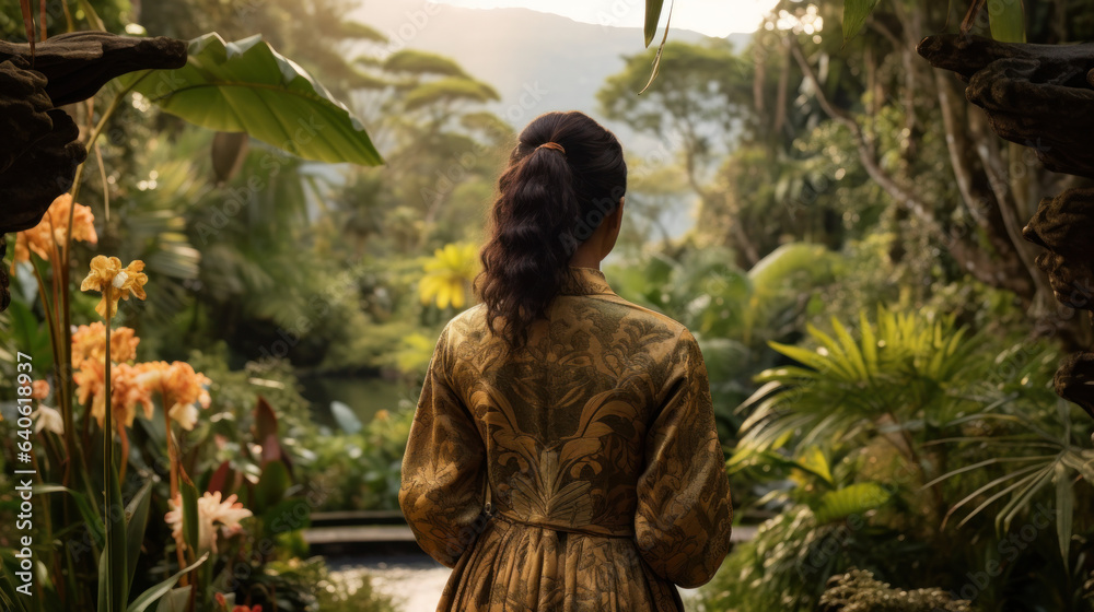 Nature's Serenade: Graceful Woman in a Botanical Haven, Generative AI