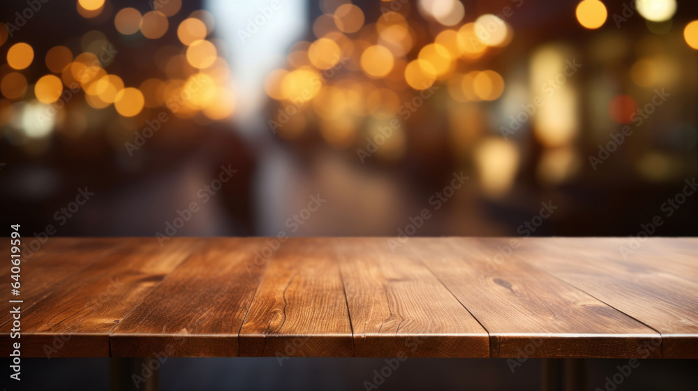 Wooden board empty table in front of blurred coffee shop background