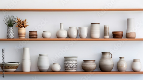Various clay vases placed on shelf against white background