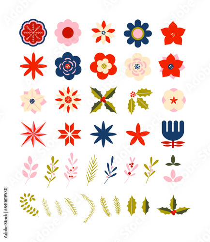 Set of modern Christmas flowers, leaves, branches, stars. Poinsettia, amaryllis, mistletoe, holly flowers. Modern vintage Christmas. Scandinavian x-mas holidays. New Year. Playful stickers, icons