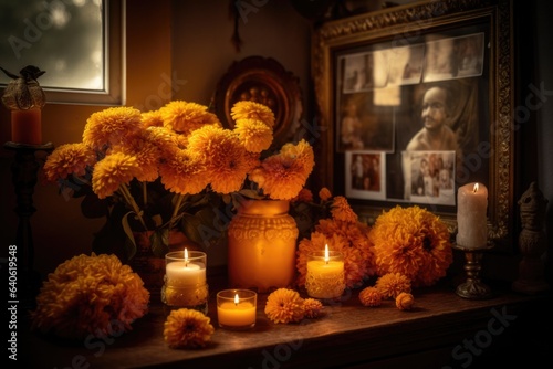Composition featuring an ofrenda (altar) adorned with marigolds, candles, and photographs of loved ones. The importance of honoring and remembering the deceased. Generative AI. photo