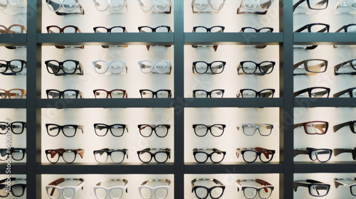 Wall of eyeglasses in white store