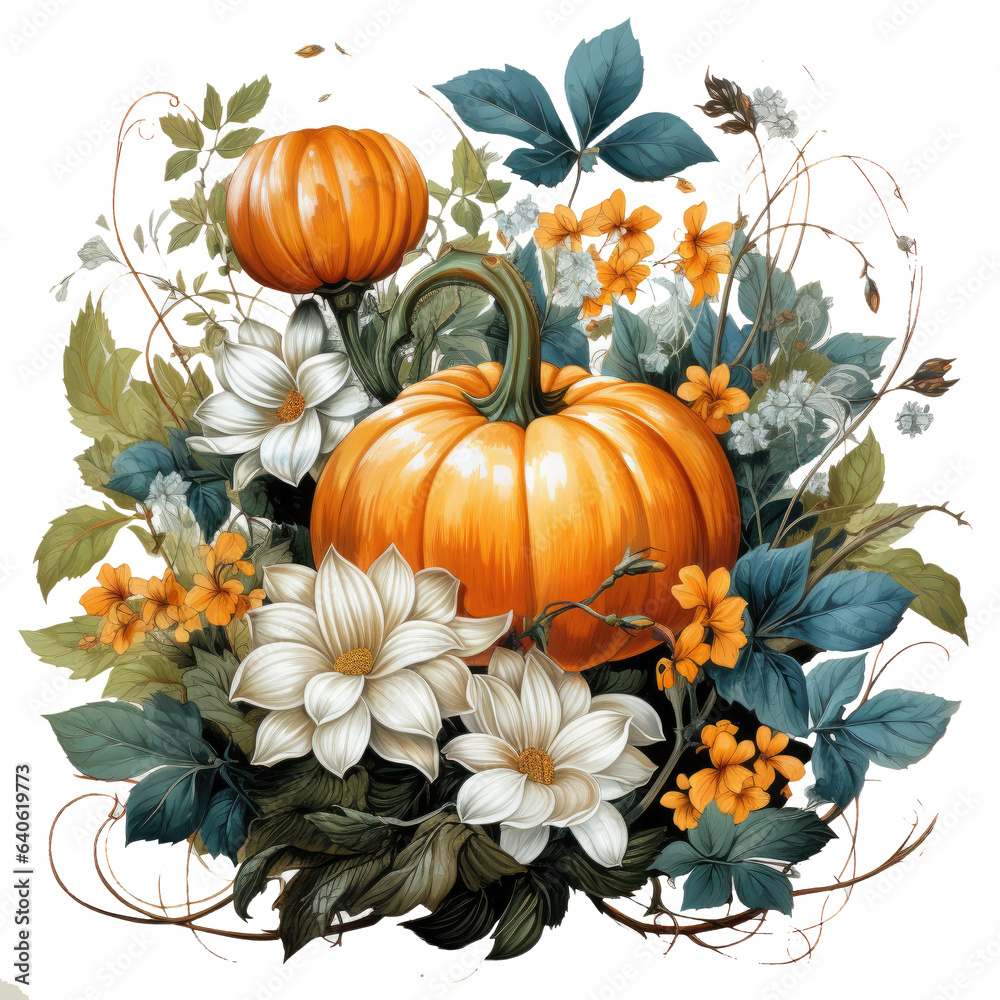 Watercolor Pumpkin Flower T-shirt Design, a fantastical realm where pumpkin flowers, Generative Ai