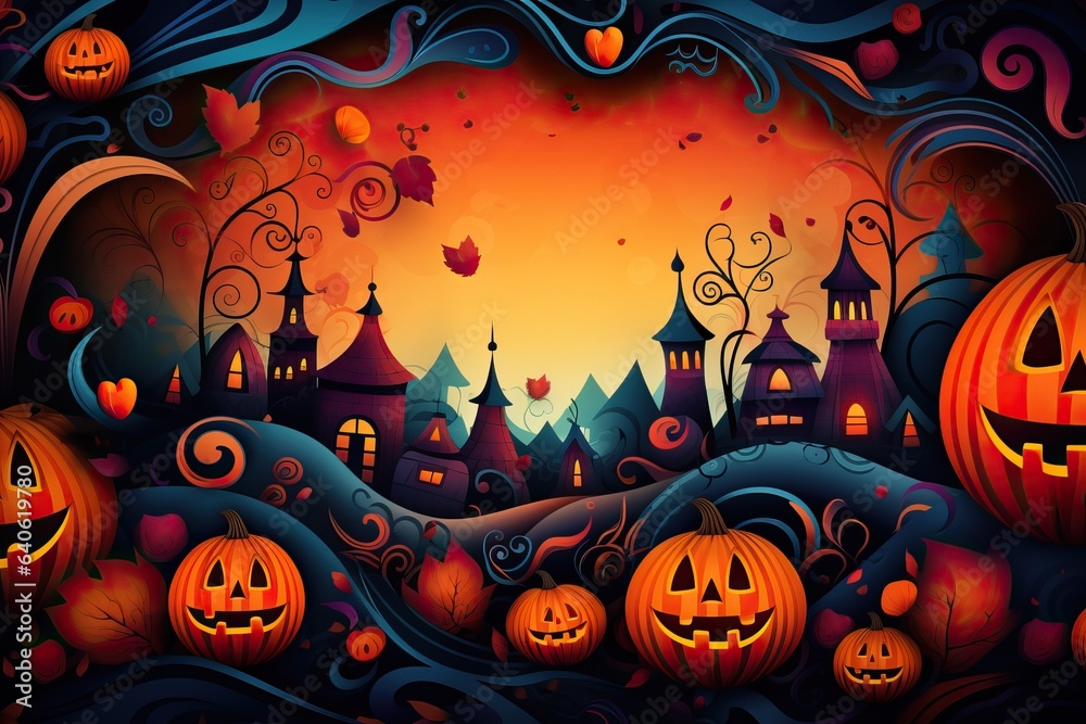 Halloween background with pumpkins and castle. Enchanting Halloween Ambiance: Pumpkin-Adorned Background with Ample Copyspace. 