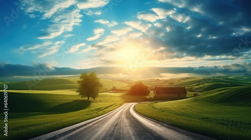 Beautiful summer landscape with road, fields and blue sky with clouds © tashechka