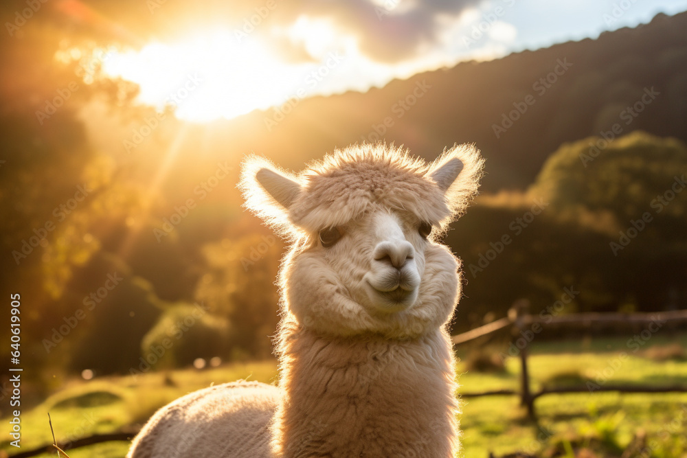 An alpaca enjoying a sunbeam on a tranquil morning, conveying a sense of peace and love, love  