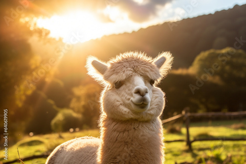 An alpaca enjoying a sunbeam on a tranquil morning, conveying a sense of peace and love, love 