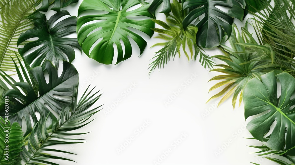 tropical green leaves and palm trees with space for notes, nature flat lay concept