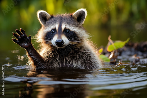 A raccoon with its paw touching the surface of a pond, displaying their affinity for water and love for aquatic play, love 
