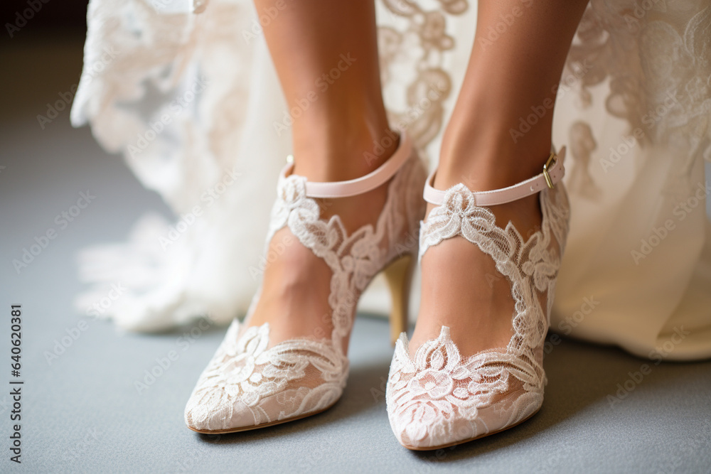 Close-up of the bride's shoes featuring intricate lace and embroidery, highlighting the craftsmanship and love that went into them, love Close-up of the bride's shoes featuring intricate lace and embroidery, highlighting the craftsmanship and love that went into them, love