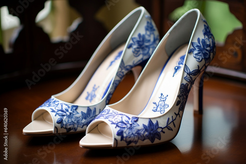 Pair of elegant shoes with the bride's "something blue" element, embodying tradition and the love for sentimental details, love 