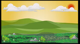 Mountain landscape vector art Background. Nature grass field foreground. Perched Sun with clouds.