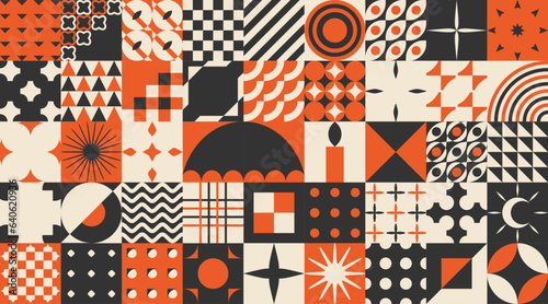 Ornate Bauhaus Inspired Halloween Background. Trendy Groovy hippie 70s Holidays art templates. Geometric minimalist modern brutalist bold shapes, primitive blocks swiss style. Y2k aesthetic.