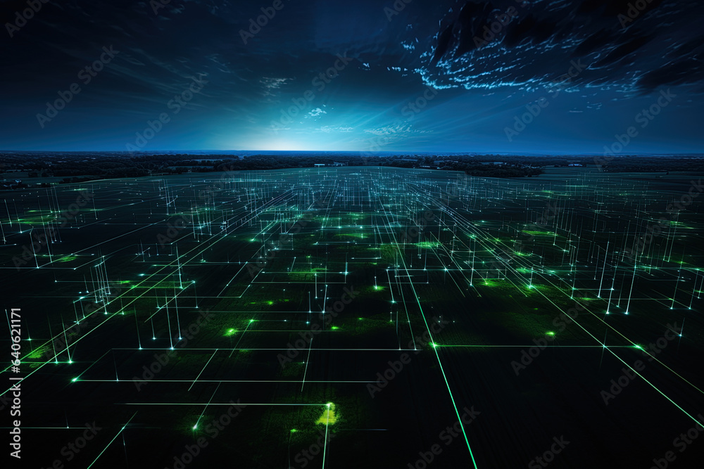 Fototapeta premium Future data by capturing drone images at night that collect information