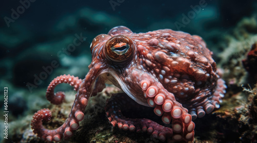 An octopus with an almost red and pink marbled skin moves among brown coral in an ocean shallow. © Matthew