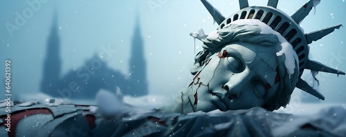 collapsed liberty statue apocalypse concept snowy landscape generative ai photo