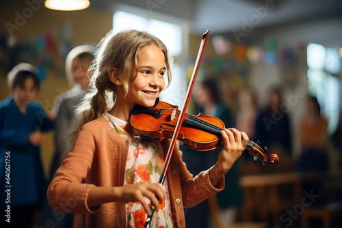 A young girl joyfully plays the violin during her music lesson , showcasing her passion for music and dedication to skill development. 'generative AI' 