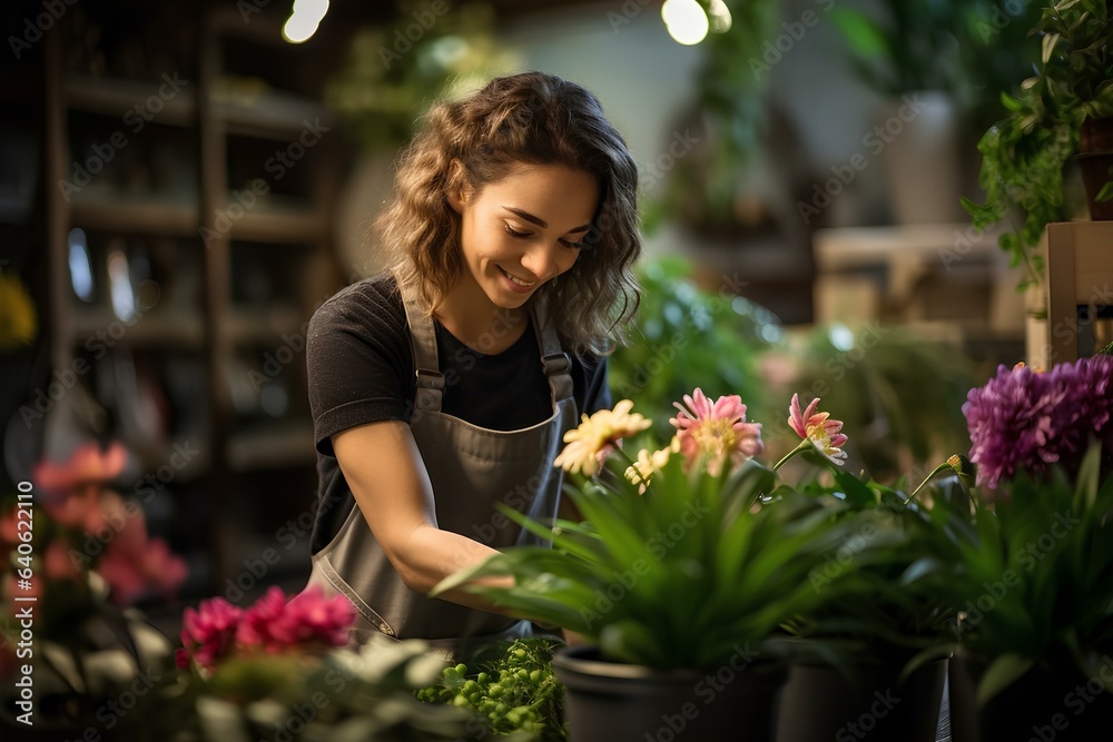Fototapeta premium happy flower arranger taking care of a plant in her flower shop. generative AI