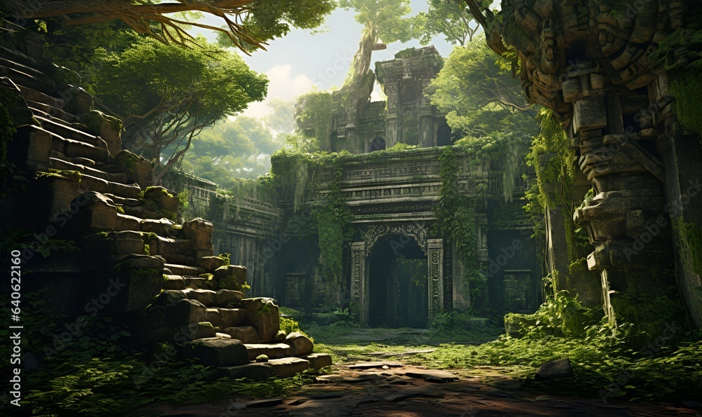 Naklejka premium ancient building rune in the forest ai generative