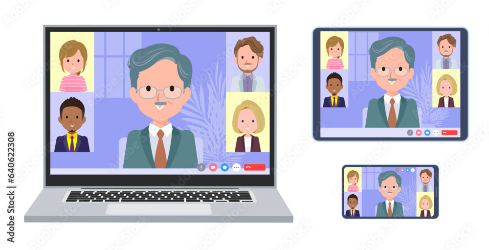 オンラインミーティングをしているビジネス社長男性のセット