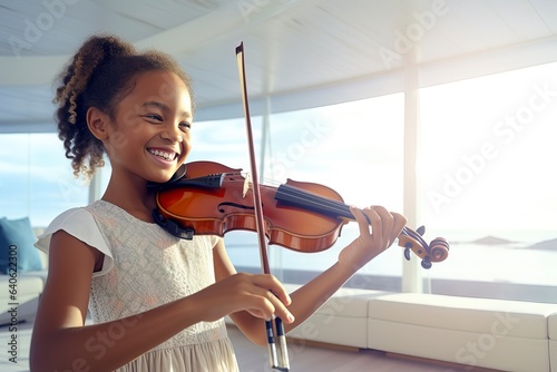 A young girl joyfully plays the violin during her music lesson , showcasing her passion for music and dedication to skill development. \'generative AI\'