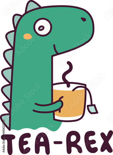 Green dinosaur drinking cup of tea with the text Tea-Rex