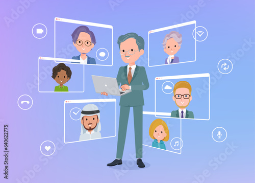 ノートパソコンを使ってオンラインコミュニケーションをとっているビジネス社長男性のセット