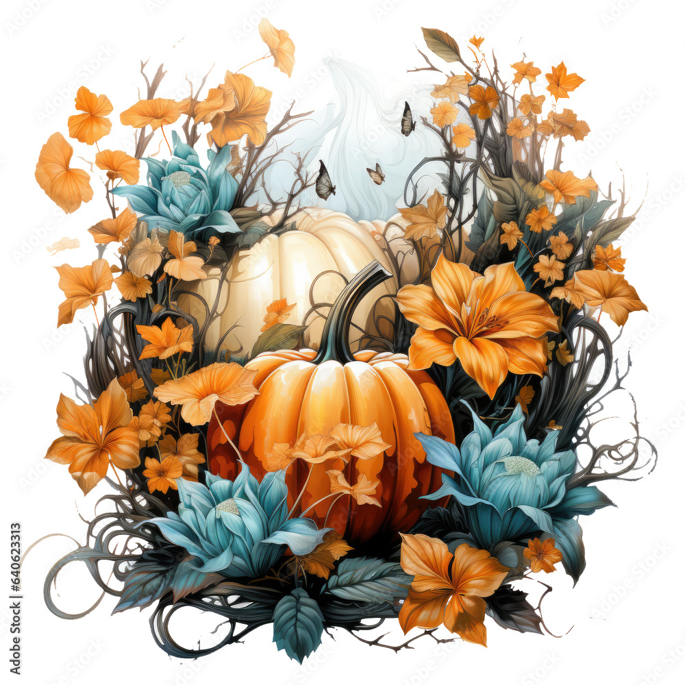Watercolor Pumpkin Flower T-shirt Design, a surreal dreamscape where pumpkin flowers, Generative Ai Watercolor Pumpkin Flower T-shirt Design, a surreal dreamscape where pumpkin flowers, Generative Ai