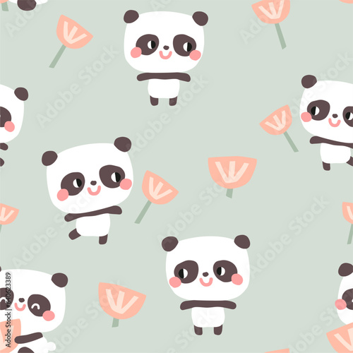 Vector seamless pattern with cute panda bears and flowers. Infantile style.
