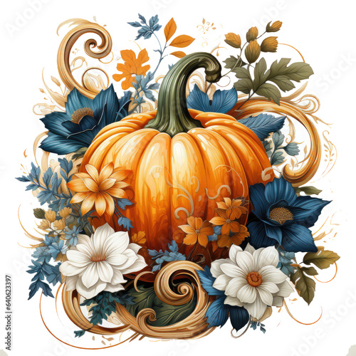 Watercolor Pumpkin Flower T-shirt Design, an enchanted garden where pumpkin flowers release, Generative Ai