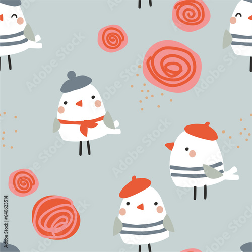 Vector seamless pattern with cute birds and flowers on a blue background. 