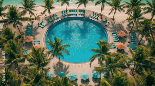 The beach resort s swimming pool surrounded by lounge chairs  elegant parasols  swaying palm trees and clear blue skies