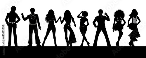 A group of retro 70s disco dancer silhouettes in groovy poses