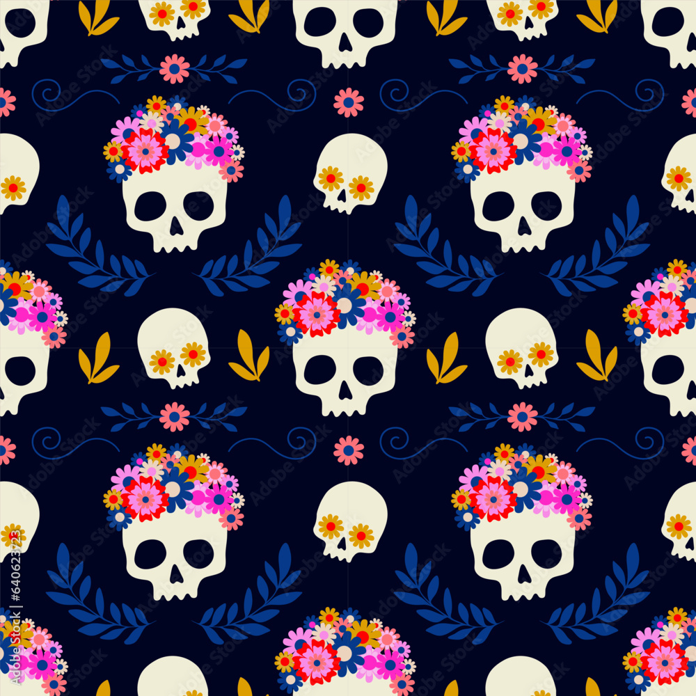 Seamless pattern with skulls in floral wreath on dark blue background. Vector illustration for for Day of the dead or Halloween Seamless pattern with skulls in floral wreath on dark blue background. Vector illustration for for Day of the dead or Halloween