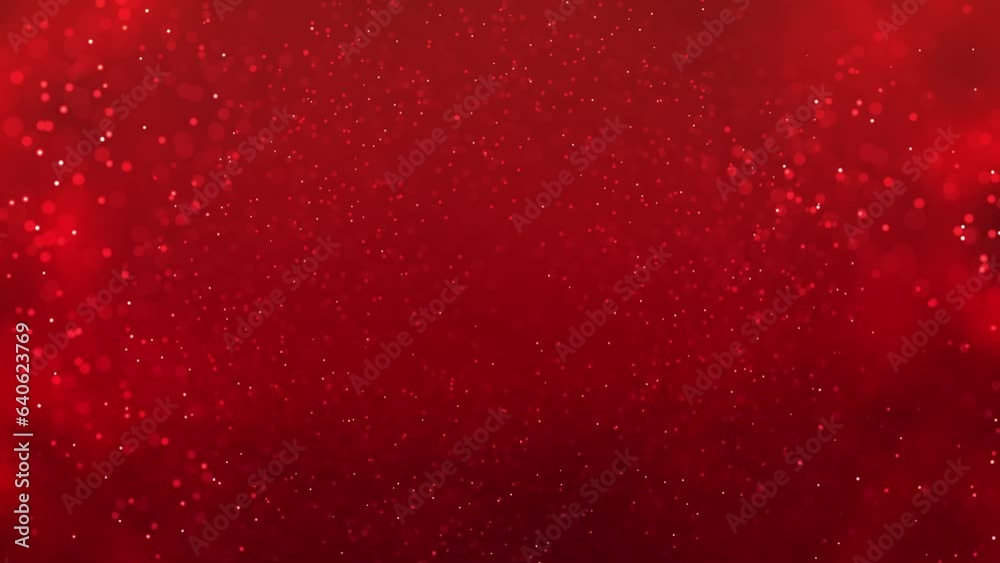 Particles abstract background with bokeh on red Background. Futuristic glittering in space.