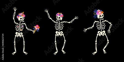 Dancing skeletons in floral wreaths. Every skeleton can be used separately. Vector illustration