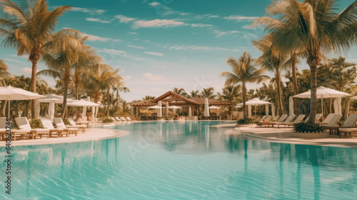 The beach resort s swimming pool surrounded by lounge chairs  elegant parasols  swaying palm trees and clear blue skies