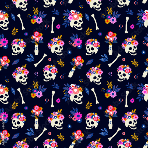 Seamless pattern with skulls in floral wreath on dark blue background. Dia de los muertos print.