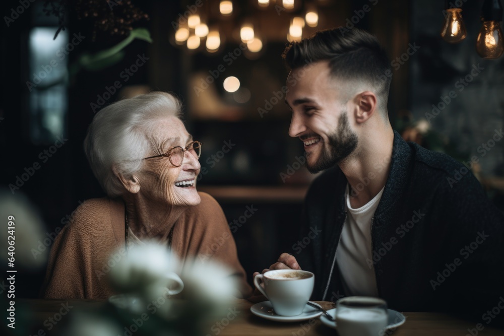 An old woman grandmother and her adult grandson sitting together at a cozy cafe, sharing laughter and conversation over a cup of coffee. Generative AI