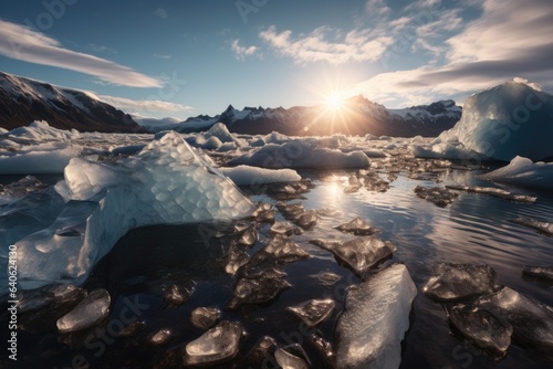 A melting glacier with chunks of ice breaking apart. The background captures the consequences of global warming on ice formations. Generative AI