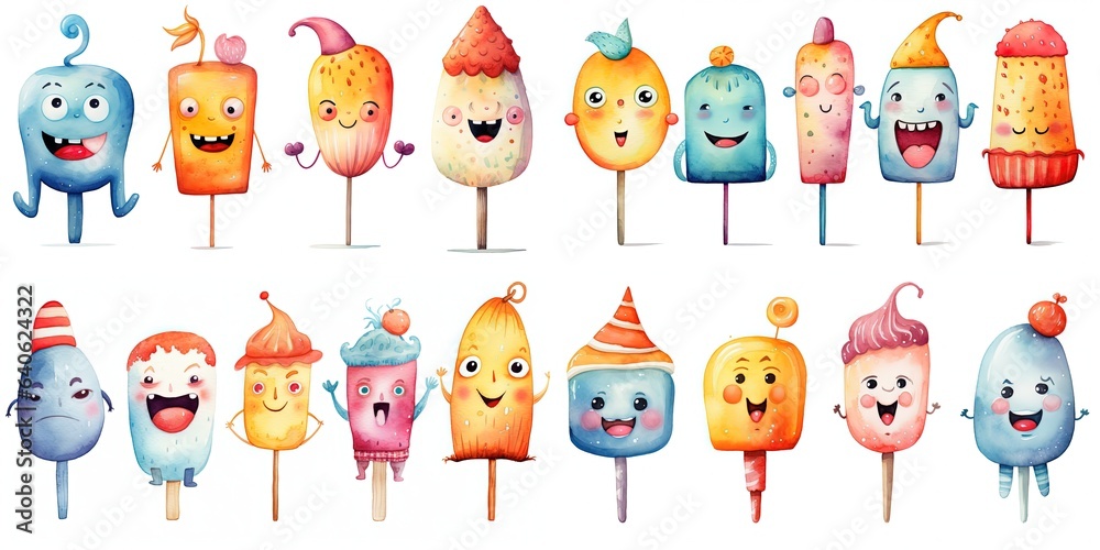 watercolor style illustration of cute cartoon popsicle ice-cream collection set, Generative Ai watercolor style illustration of cute cartoon popsicle ice-cream collection set, Generative Ai