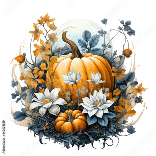 Watercolor Pumpkin Flower T-shirt Design  a whimsical garden where pumpkin flowers  Generative Ai